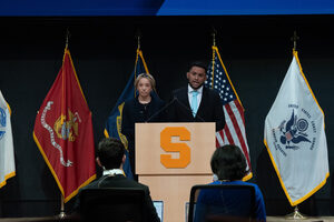SA presidential and vice presidential candidates German Nolivos (right) and Reed Granger (left) address the campus community at the 2024 Executive Debate. They are running uncontested in SA’s spring general election.